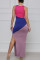 Multicolor Fashion Casual Patchwork Slit O Neck Long Dress