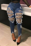 Medium Blue Fashion Casual Leopard Patchwork Plus Size Jeans