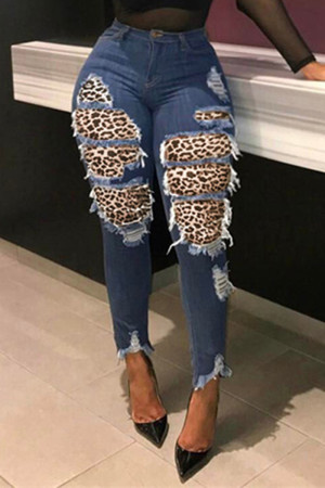 Dark Blue Fashion Casual Leopard Split Joint Plus Size Jeans