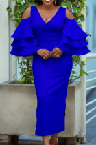 Blue Fashion Solid Hollowed Out Slit V Neck Long Dress