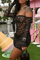 Black Sexy Solid Lace Off the Shoulder Pencil Skirt Dresses