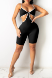 Black Sexy Solid Patchwork Spaghetti Strap Skinny Rompers