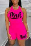 Rose Red Casual Sportswear Letter Print Vests O Neck Sleeveless Two Pieces