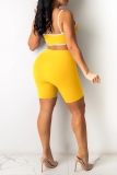 Yellow Sexy Solid Patchwork Spaghetti Strap Skinny Rompers