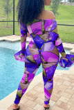 Purple Fashion Sexy Print See-through Backless Off the Shoulder Long Sleeve Two Pieces