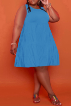 Blue Casual Solid Patchwork O Neck A Line Plus Size Dresses
