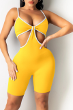 Yellow Sexy Solid Patchwork Spaghetti Strap Skinny Rompers