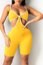 Yellow Sexy Solid Split Joint Spaghetti Strap Skinny Jumpsuits