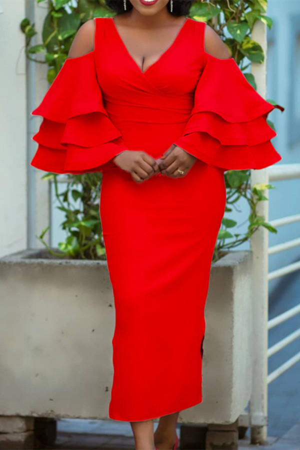 Red Fashion Solid Hollowed Out Slit V Neck Long Dress