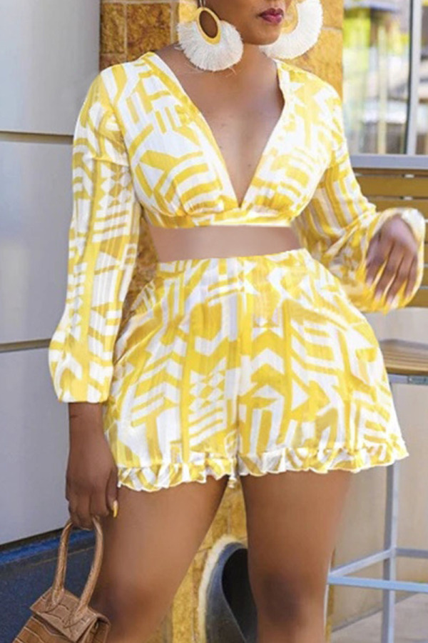 Yellow Sweet Print Split Joint Backless Fold V Neck Long Sleeve Two Pieces
