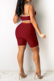 Burgundy Sexy Solid Patchwork Spaghetti Strap Skinny Rompers