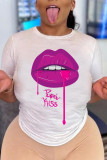 Pale Red Fashion Casual Lips Printed Basic O Neck T-Shirts