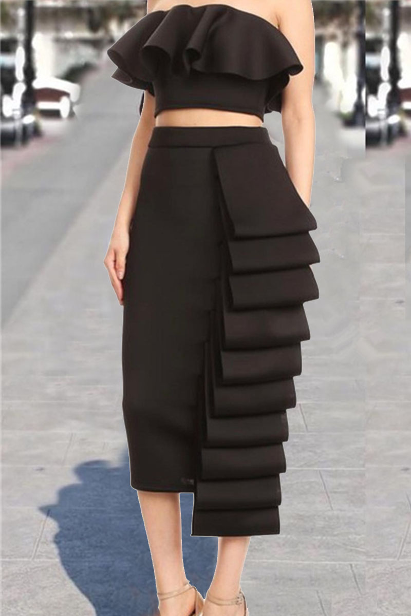 

Black Sexy Solid Patchwork Flounce Strapless Sleeveless Two Pieces