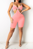 Pink Sexy Solid Patchwork Spaghetti Strap Skinny Rompers