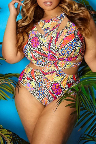 Colour Fashion Sexy Print Hollowed Out Patchwork O Neck Plus Size Swimwear