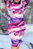 Purple Sexy Print Patchwork Half A Turtleneck Pencil Skirt Plus Size Dresses
