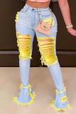 Light Blue Fashion Casual Patchwork Ripped High Waist Boot Cut Jeans