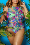 Blue Fashion Sexy Print Hollowed Out Patchwork O Neck Plus Size Swimwear