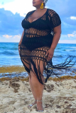 Black Sexy Solid Tassel Hollowed Out V Neck Irregular Dress Plus Size Swimwear
