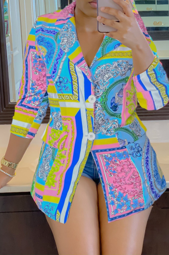 Blue Casual Print Patchwork Turndown Collar Outerwear