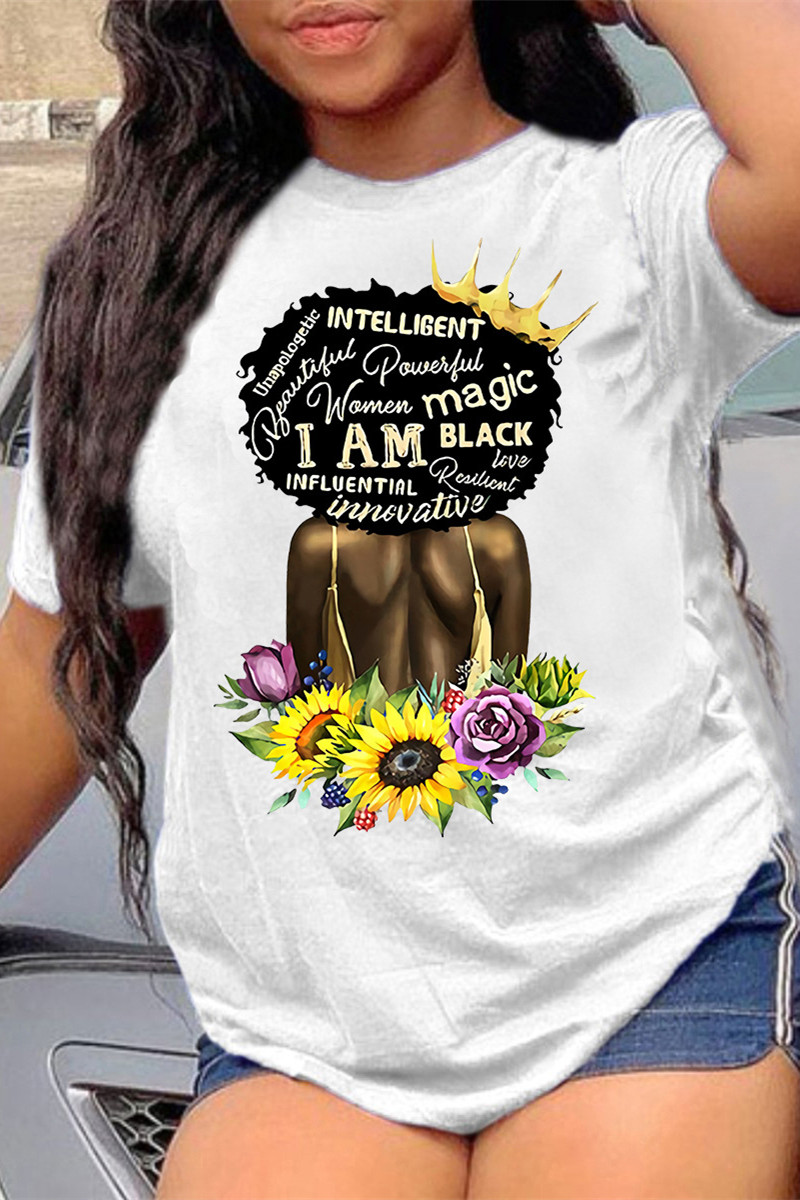 

White Fashion Casual Print Basic O Neck T-Shirts