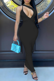 Black Sexy Solid Hollowed Out Spaghetti Strap Pencil Skirt Dresses