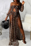 Snake Print Sexy Animal Print Draw String Off the Shoulder Long Sleeve Two Pieces
