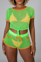 Green Sexy Solid Split Joint O Neck Short Sleeve Two Pieces