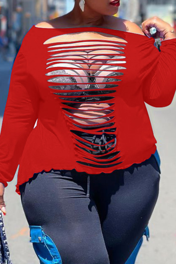 Red Sexy Solid Ripped Off the Shoulder Plus Size Tops