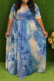 Camouflage Casual Patchwork Tie-dye O Neck Cake Skirt Plus Size Dresses