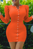 Orange Fashion Casual Solid Split Joint V Neck Long Sleeve Dresses
