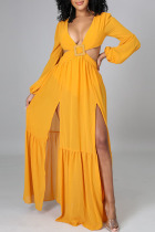 Yellow Sexy Solid Bandage Hollowed Out Split Joint Backless V Neck Straight Dresses