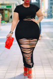 Blue Sexy Solid Ripped O Neck Straight Plus Size Dresses