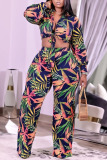 Colour Casual Print Patchwork Turndown Collar Plus Size Two Pieces