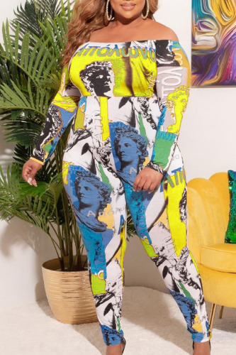 Yellow Street Print Patchwork Off the Shoulder Plus Size Jumpsuits