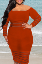 Red Sexy Solid Ripped Split Joint Bateau Neck Long Sleeve Knee Length Pencil Skirt Dresses