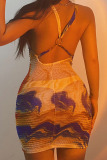 Gold Celebrities Print Split Joint Backless U Neck Pencil Skirt Dresses