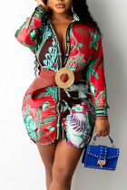 Red Casual Print Patchwork Turndown Collar Shirt Dress Dresses (Not Contain The Belt)