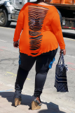 Tangerine Red Sexy Solid Ripped Off the Shoulder Plus Size Tops