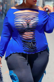 Blue Sexy Solid Ripped Off the Shoulder Plus Size Tops