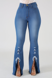 Dark Blue Casual Patchwork Draw String Mid Waist Boot Cut Denim Jeans