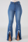 Blue Casual Patchwork Draw String Mid Waist Boot Cut Denim Jeans