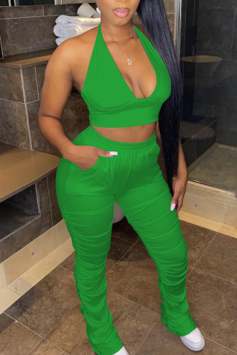 Green Casual Solid Bandage Patchwork Backless Halter Sleeveless Two Pieces