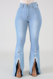 Dark Blue Casual Patchwork Draw String Mid Waist Boot Cut Denim Jeans