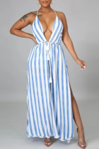 Blue Sexy Print Hollowed Out Split Joint Backless Slit Asymmetrical Sleeveless Two Pieces