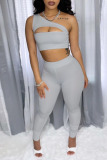 Grey Fashion Sexy Solid Hollowed Out One Shoulder Sleeveless Two Pieces