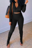 Black Fashion Casual Solid Slit Fold Zipper Collar Long Sleeve Two Pieces