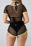 Black Sexy Solid Patchwork O Neck Short Sleeve Two Pieces