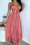 Pink Sexy Solid Hollowed Out Spaghetti Strap Irregular Dress Dresses