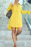 Yellow Fashion Casual Plus Size Plaid Print Basic Turndown Collar Shirt Dress